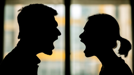 Silhouette of two people shouting at each other in intense argument