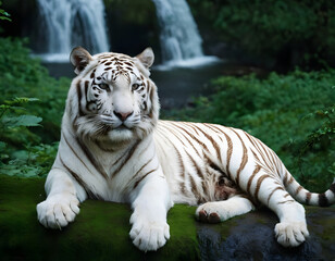 A white tiger is sitting near a waterfall in the green forest.