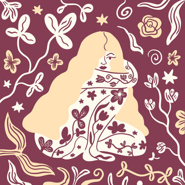 Illustration of a woman who's body is covered with plant and flower tattoos, plant lady, forest lady