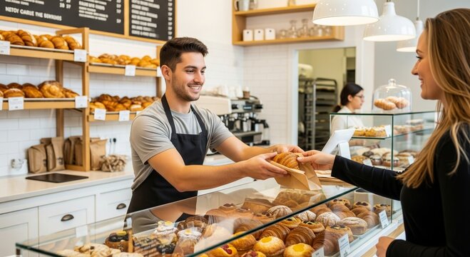 Young caucasian male bakery employee serving female customer in cozy pastry shop - Powered by Adobe
