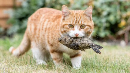 Domestic red cat caught bird and holds it in its mouth