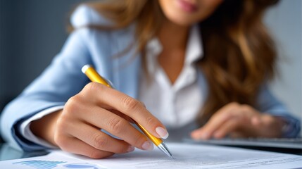 female investor builds wealth through smart financial strategies. A professional woman writes notes on a document