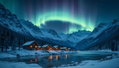 Stunning aurora borealis illuminates snowy mountain cabins reflecting on icy lake at twilight, perfect for winter travel and serene vacation vibes