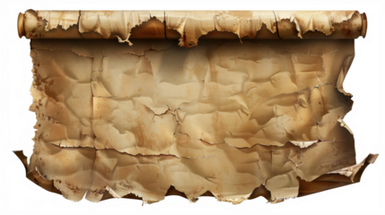 Realistic ancient scroll rolled up with detailed wrinkles and tears on vintage parchment texture, PNG, isolated on transparent background.