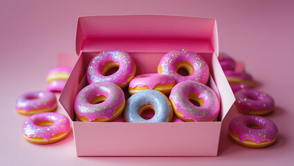 Glitter pink donuts in a pastel box with a bold, feminine pop art vibe