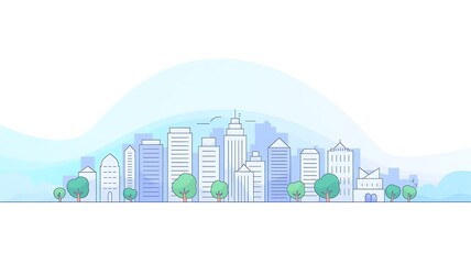 Obraz premium Modern city skyline with tall glass buildings and green trees