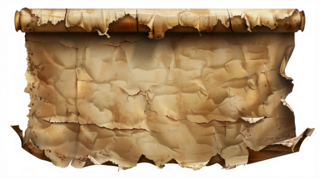 Realistic ancient scroll rolled up with detailed wrinkles and tears on vintage parchment texture, PNG, isolated on transparent background.