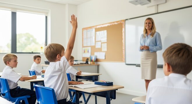 Young caucasian male students engaged in classroom with female teacher leading lesson