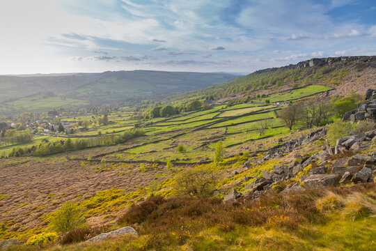 View from Baslow Edge towards Curbar Edge and Calver Village, Derbyshire Dales, Derbyshire, England