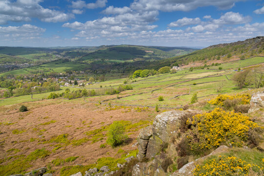 View from Baslow Edge towards Curbar Edge and Calver Village, Derbyshire Dales, Derbyshire, England