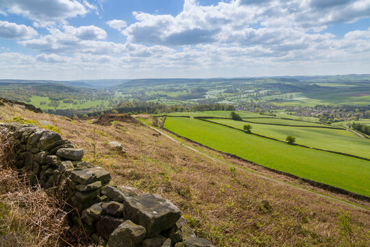 View from Baslow Edge towards Baslow Village and Chatsworth Park, Derbyshire Dales, Derbyshire, England