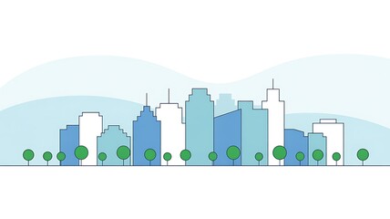 Modern city skyline with green trees and blue hues