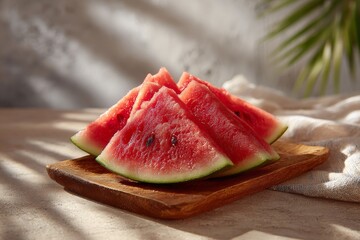 Five slices of watermelon on a wooden board. Generative AI