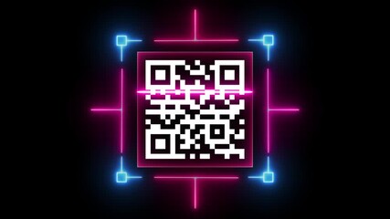 QR code animation. Scan qr code icon with red laser, barcode scanner animation on black background, QR code scanner animated. - Powered by Adobe