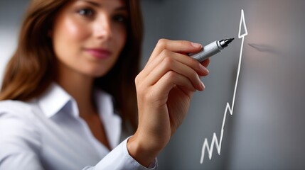 female investor builds wealth through smart financial strategies. A professional woman draws an upward trend line on a gray background