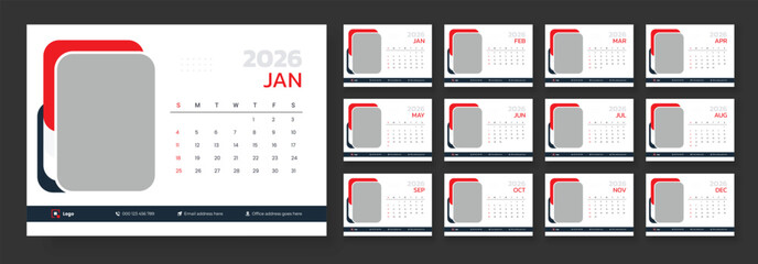 Desk calendar design for 2026 year, Template for annual calendar 2026, 12 page desk calendar design