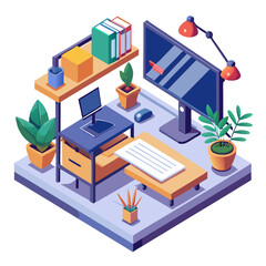 Isometric home office desk setup with computer and plants isolated on white background