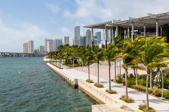 View of Downtown and Perez Art Museum from MacArthur Causeway, Miami Beach, Miami, Florida