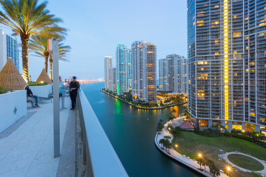Rooftop bar overlooking Miami River at dusk, Miami, Florida