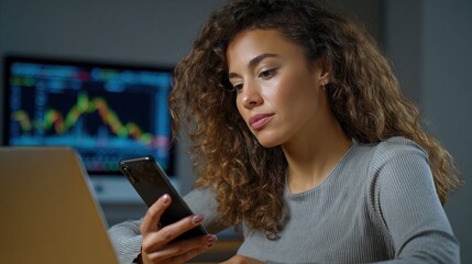 female investor builds wealth through smart financial strategies. A woman with curly hair looks intently at her smartphone while working on a laptop