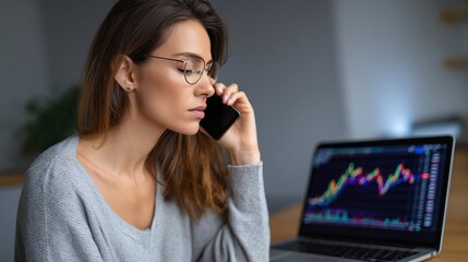 female investor builds wealth through smart financial strategies. A focused woman in glasses speaks on the phone while analyzing financial data on her laptop