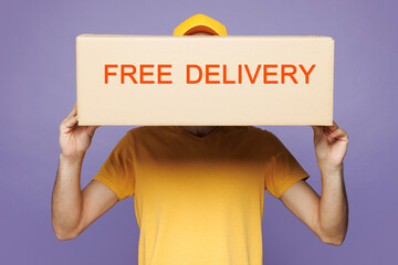 Professional guy employee man he wear yellow cap t-shirt uniform workwear work as dealer courier...