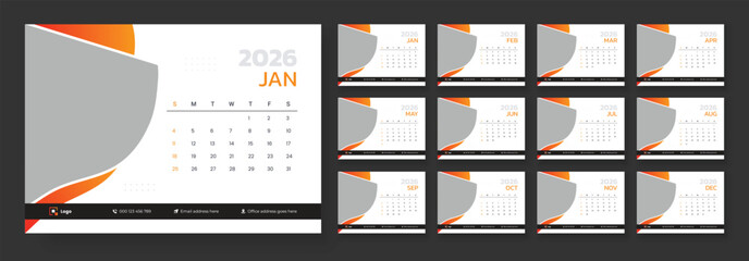 Desk calendar design for 2026 year, Template for annual calendar 2026, 12 page desk calendar design