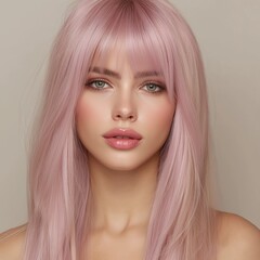 Fototapeta premium Elegant portrait of a young woman with straight pastel pink hair and bangs, flawless skin, and soft glam makeup.