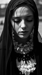 Naklejka premium Portrait of a Woman in a Black Mourning Veil on Her Head
