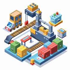 Obraz premium Isometric factory production line with robotic arm and conveyor belt isolated on white background