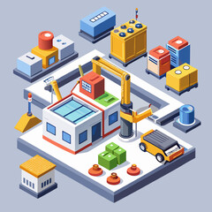 Obraz premium Isometric factory and logistics scene with robotic arm and vehicle isolated on white background