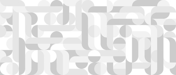 White trendy seamless background of circles and squares in modern Scandinavian style. Cover of gray geometric shapes in retro texture for wallpaper or packaging.