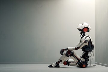 Obraz premium A lone robot sits in the corner of a room, contemplating its existence in a quiet, empty space.