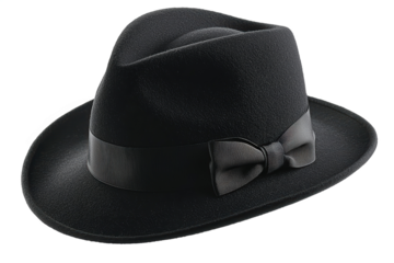 Black fedora hat with bow adornment perfect for fashion and accessory design projects, PNG, isolated on transparent background.