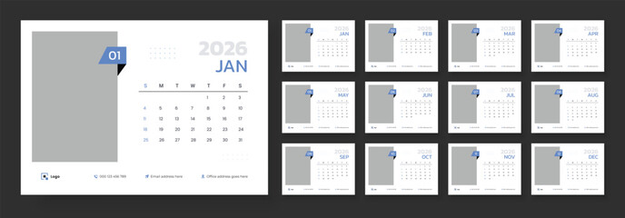 Modern new year 2026 desk calendar template, Desk calendar design template 2026, Week start on Sunday.