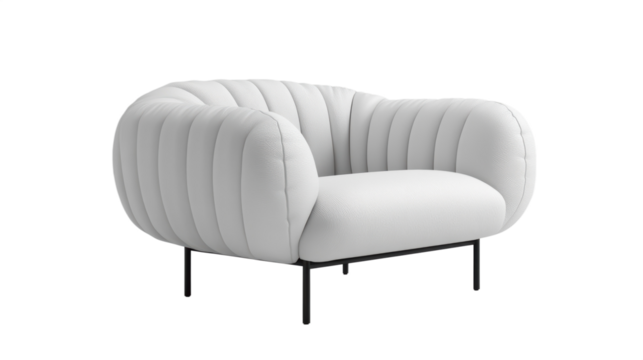 White armchair with modern ribbed upholstery and sleek black metal legs ideal for stylish interior design, PNG, isolated on transparent background.