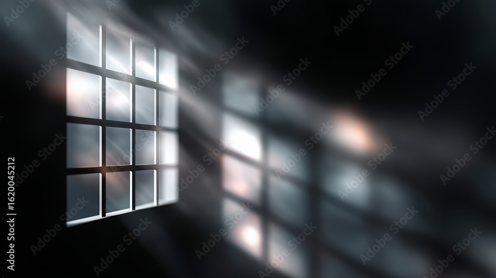 Poster soft light filters through a grid window, creating an atmospheric glow in a dimly lit space at dawn