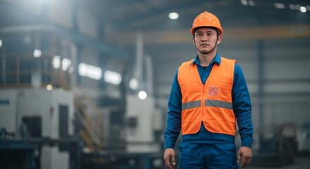 Focused Factory Worker in Safety Gear Stands Confidently in Industrial Setting