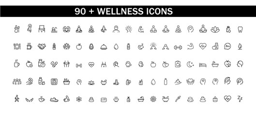 set of Wellness Line Editable Icons . Vector illustration in thin line modern style of health related icons mental health, healthcare, spa, medical, wellbeing, yoga, meditation, lifestyle