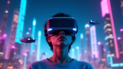 A person wearing a virtual reality headset is immersed in a futuristic neon cityscape, exploring the digital metaverse.