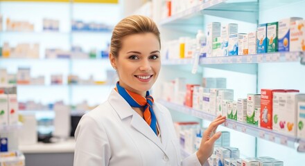 Female caucasian young pharmacist smiling in pharmacy aisle with medicine display