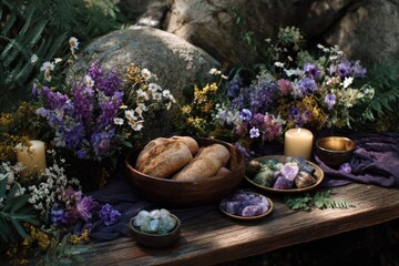 Two buns on a table, surrounded by purple flowers and food. Generative AI