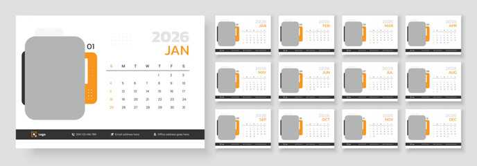 Desk calendar design template 2026, New year 2026 desk calendar template, Week start on Sunday