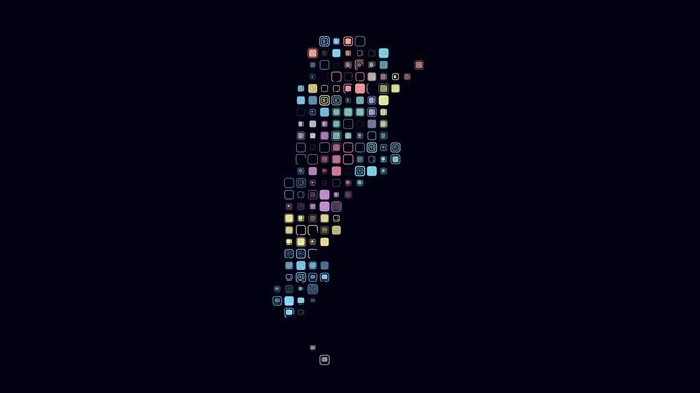Argentina dotted animation. Shape of the country build of pulsating colored dots. Large size rounded square blocks. Digital style map on dark background. Amazing video.