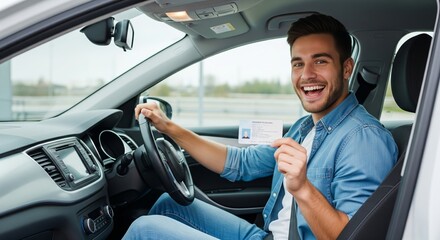 Happy young caucasian male holding driver's license inside car