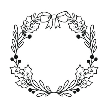 Merry Christmas wreath with bow, twigs, holly leaves and berries. Holiday vector illustration.
