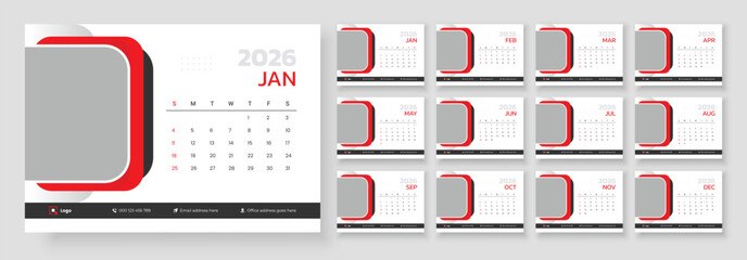 Desk calendar design template 2026, New year 2026 desk calendar template, Week start on Sunday