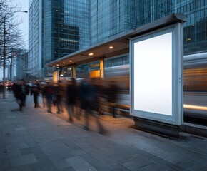 A blank digital billboard stands on a busy city sidewalk with blurred pedestrians. The urban scene captures the hustle and bustle of modern city life.