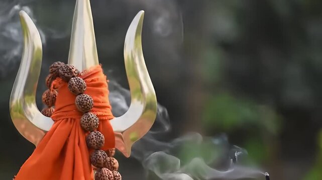 Close-up of stone trident wrapped in orange fabric with Rudraksha beads for religious ceremony. Symbolic weapon of Lord Bholenath
