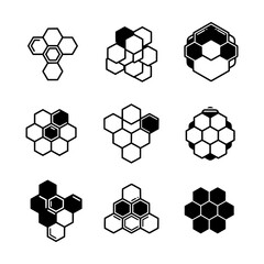 Obraz premium Black Honeycomb Pattern Illustrations in Different Arrangements Representing Nature Structure and Beehives